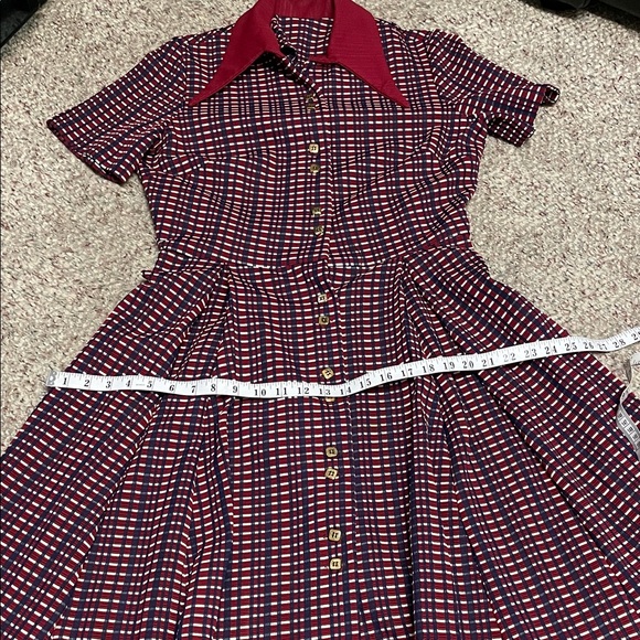 Vintage 60s huge collared Red and Blue Checkered pleated button front dress - Picture 7 of 10